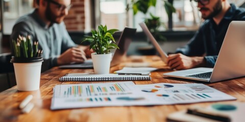 Two entrepreneurs planning a startup budget, with laptops, financial projections, and a creative, forward-thinking energy