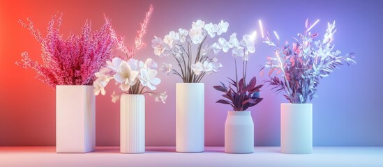 Obraz premium 3D Rendering of Elegant Floral Arrangements in Various Vases Featuring Tall White Flower Branches Leafy Green Foliage and a Single Spiky Bloom on a Minimalist Background for Home Decor Inspiration