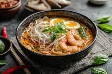 Laksa, A Malaysian Noodle Soup with Coconut Milk and Shrimp