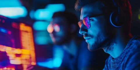 Two programmers in a close-up shot typing code on advanced laptops with holographic displays in a high-tech workspace intense focus on their faces