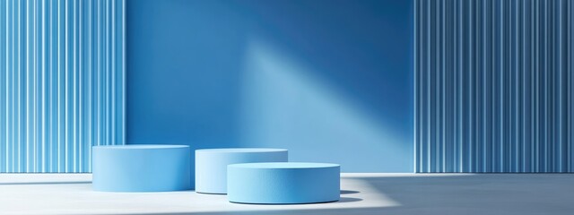 3D rendering of pedestal scenes featuring geometric platforms against a blue background for showcasing cosmetic products on stage