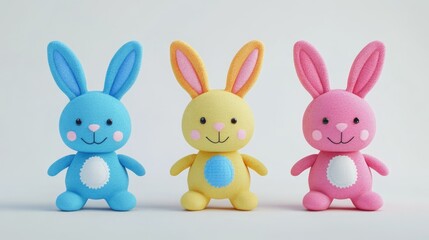 3D rendering of colorful bunny textile toys for children