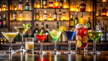 Classic cocktails on bar counter, including daiquiri, margarita, martini, mojito, and Manhattan , cocktails, bar, counter