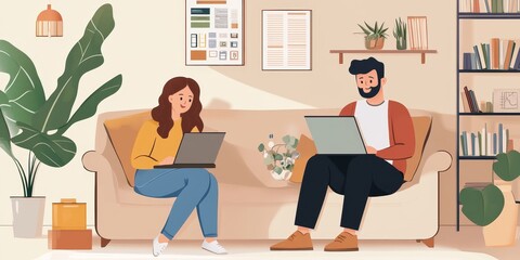 A couple planning their financial future in a cozy living room, with investment books, a laptop, and a hopeful, forward-looking atmosphere