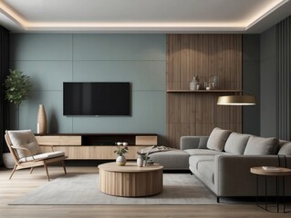 Modern Living Room Interior with Gray Sofa and Wooden Accents