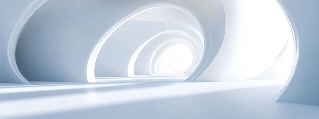 Obraz premium Abstract architectural backdrop featuring smooth discs in a white interior enhanced by neon lighting showcasing a 3D rendering