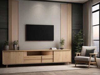 Modern Living Room with Wooden Cabinet, Flat Screen TV, and Armchair