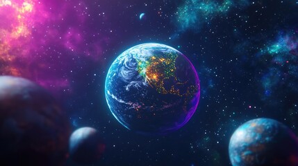 Fototapeta premium 3D render of an earth like planet in distant space featuring a background of planets in a cartoon style