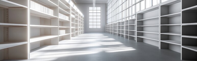 Obraz premium 3D rendering of white wooden shelves and racks in a storage space