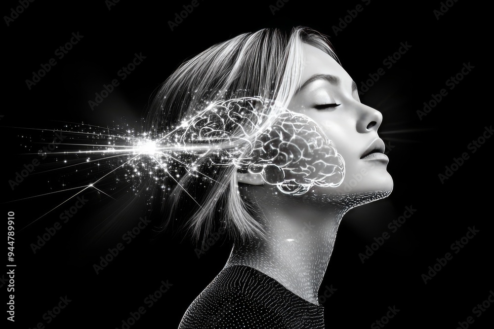 Wall mural digital art of a woman with her brain wired into a digital network symbolizing the fusion of human c