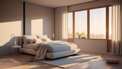 Tranquil minimalist bedroom with a monochrome theme and a floating bed.