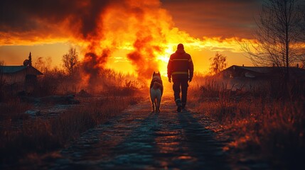 Fototapeta premium Firefighter and Rescue Dog in Action Scene