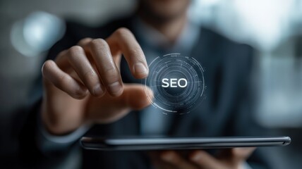 Close-up of a business professional using a tablet with SEO concept displayed. Digital marketing, technology, and search engine optimization.