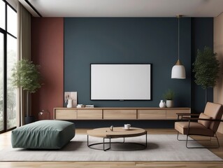 Modern Living Room with Teal Wall, Wooden Furniture, and a Blank TV Screen