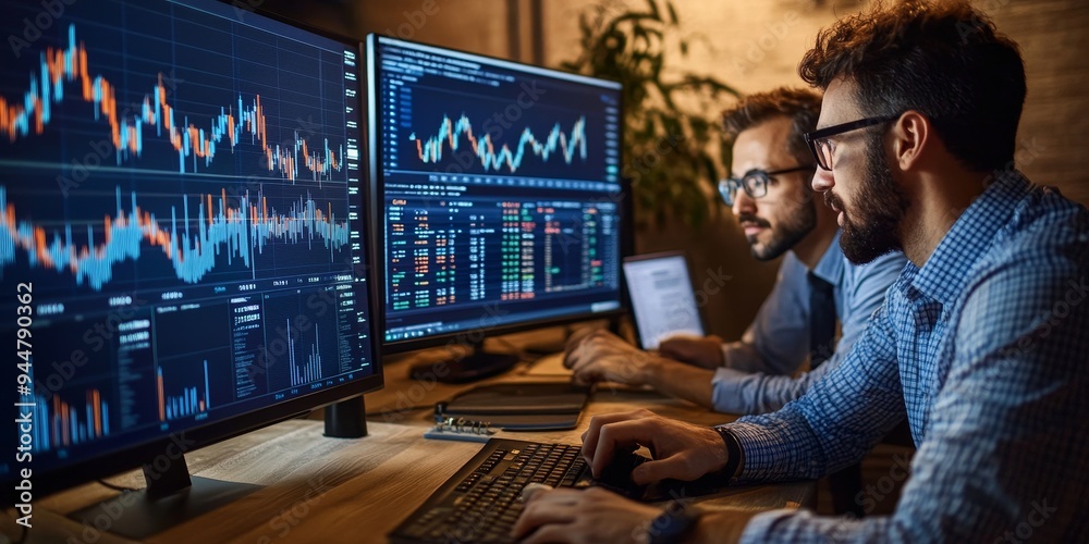 Fototapete Two financial analysts working through complex data in a modern workspace, with multiple screens displaying financial graphs and trends