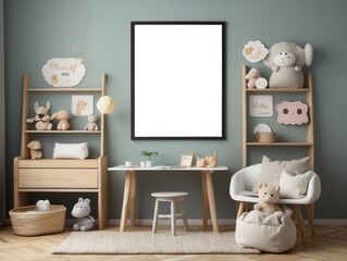 A Child's Room with Wooden Shelving, Plush Toys, and a Blank Frame
