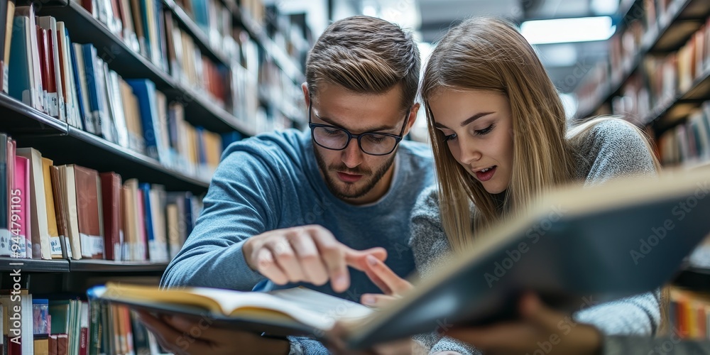 Aufkleber Two educators in a close-up shot reviewing textbooks together in a library their faces showing intense focus and hands pointing at specific pages