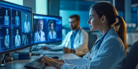 A team of doctors conducting a virtual consultation, discussing a patient case via video conference in a high-tech medical office
