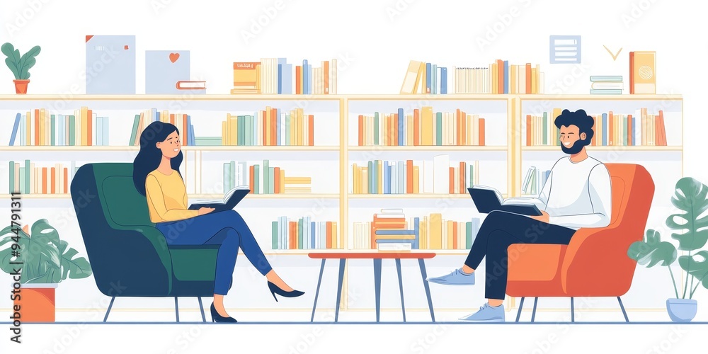 Poster a teacher and a librarian planning a literacy program in a school library with shelves of books arou