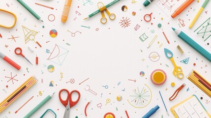 A school-themed border featuring colorful markers, scissors, and geometry tools surrounding an empty center space