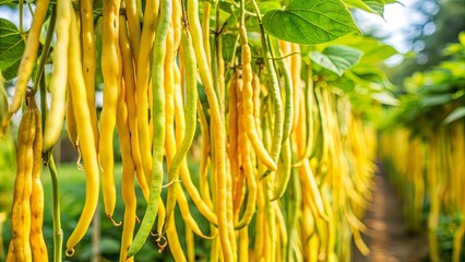 Obraz premium Yellow long string beans growing abundantly at a farm , farm, agriculture, vegetables, organic, harvest, fresh, green, healthy