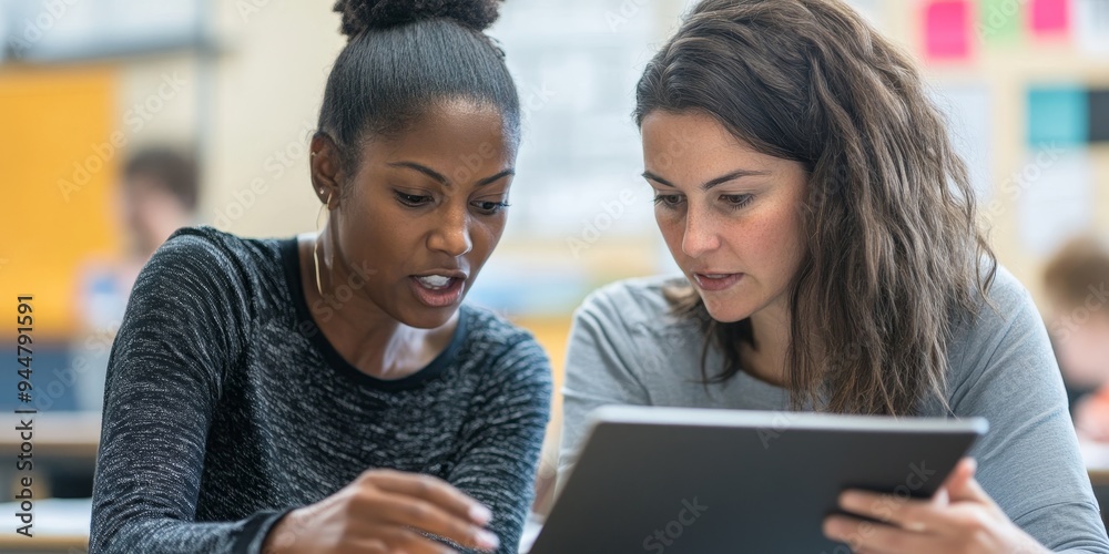 Poster a close-up of two teachers engaged in a passionate discussion over a tablet in a well-lit classroom 
