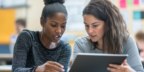 A close-up of two teachers engaged in a passionate discussion over a tablet in a well-lit classroom their expressions reflecting commitment to teaching