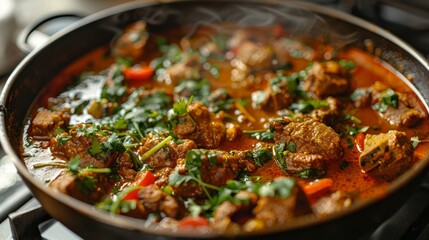 Fototapeta premium Cooking a delicious curry with aromatic spices and tender meat, simmering in a pot on the stove