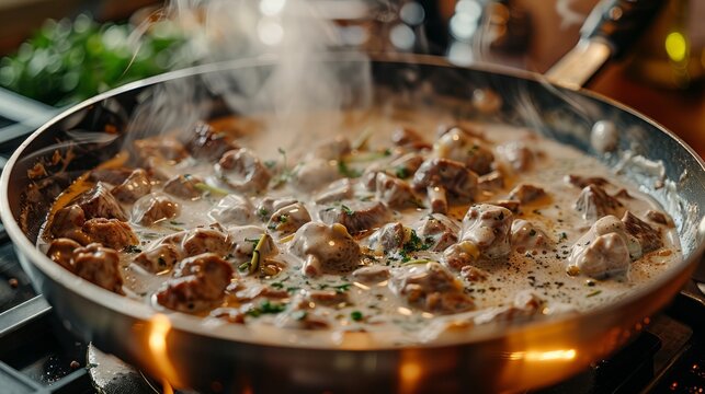 Cooking a classic beef stroganoff with creamy sauce and tender beef, simmering in a pan on a stove