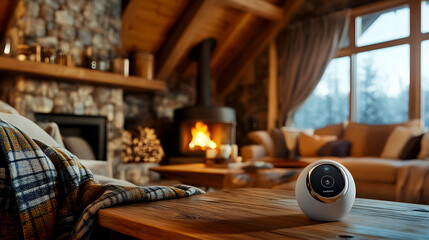 Cozy Rustic Style A wireless security camera sitting on a wooden table in a cozy, rustic living room. The table is surrounded by warm, earthy-toned furniture and décor