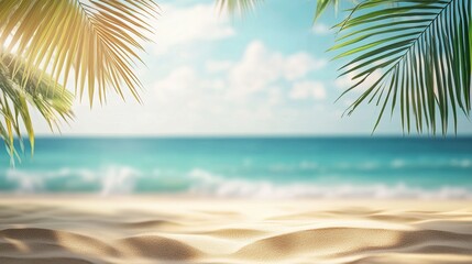 Tropical Beach Scene with Palm Leaves