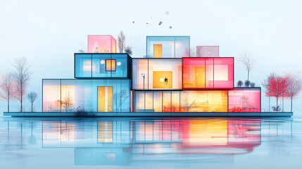 Fototapeta premium A colorful modern house design reflected in calm water, showcasing creativity and innovation in architecture and contemporary living.