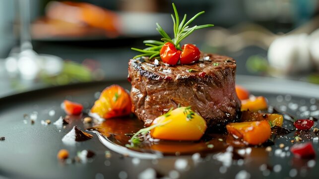 Creative food presentation of a gourmet dish with artistic plating and garnishing in a restaurant setting