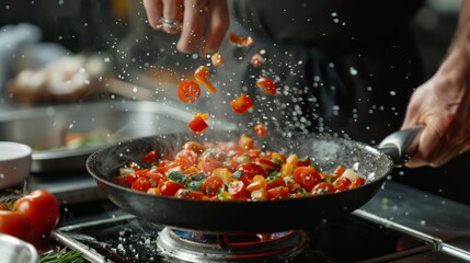 Dynamic cooking action shot with a chef tossing vegetables in a sizzling pan on a stovetop