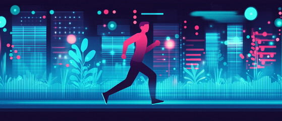 A vibrant illustration of a person running through a futuristic cityscape, showcasing energy and movement amid glowing elements.
