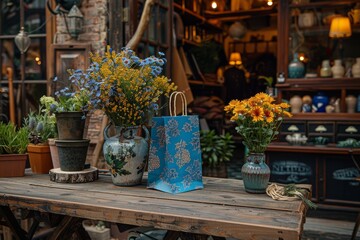 Colorful flowers and decorative bag on a wooden table in a cozy shop with warm lighting