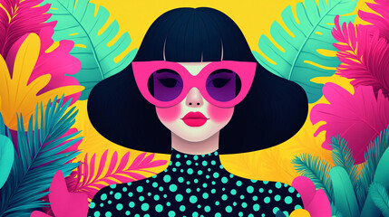 Fototapeta premium A vibrant illustration of a stylish woman with bold sunglasses and colorful foliage, embodying fashion and tropical vibes.