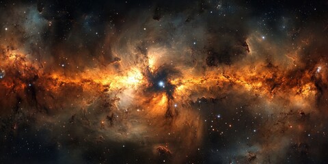 A panoramic view of a galactic core, with intense light emanating from millions of stars and a central supermassive black hole