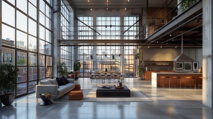 Exposed ductwork and piping in a contemporary industrial loft with large windows and concrete floors