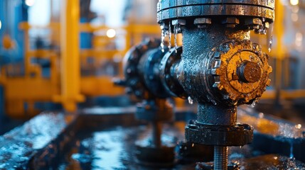 Close-up of crude oil pipeline pumped from oil drilling pump during operation.