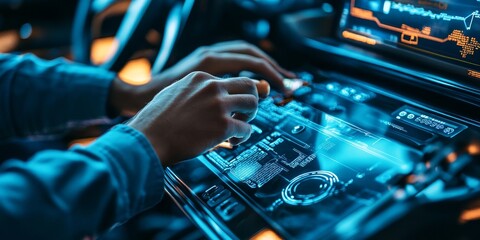 Two hands in a close-up shot adjusting high-tech sensors on an autonomous vehicle in a cutting-edge garage focused and precise work being done