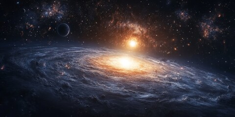 A distant star system within a galaxy, with planets orbiting a bright star and the galactic core visible in the background