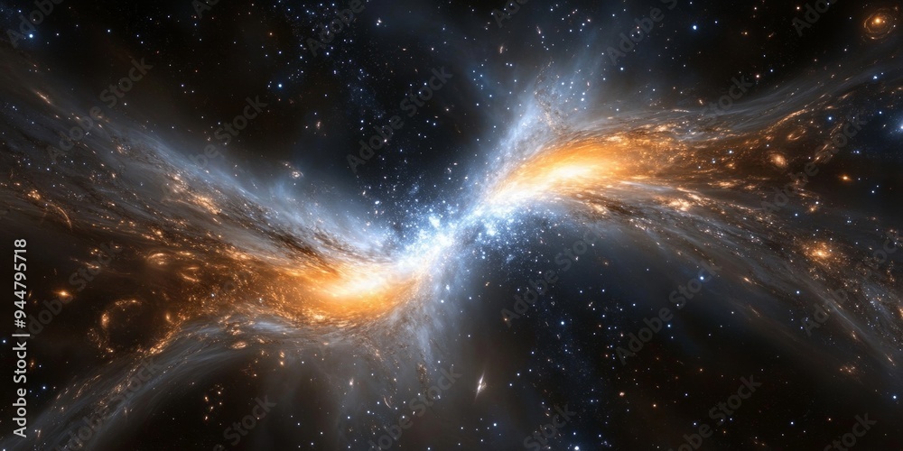 Poster a cosmic bridge between two galaxies, formed by tidal forces, with streams of stars and gas connecti