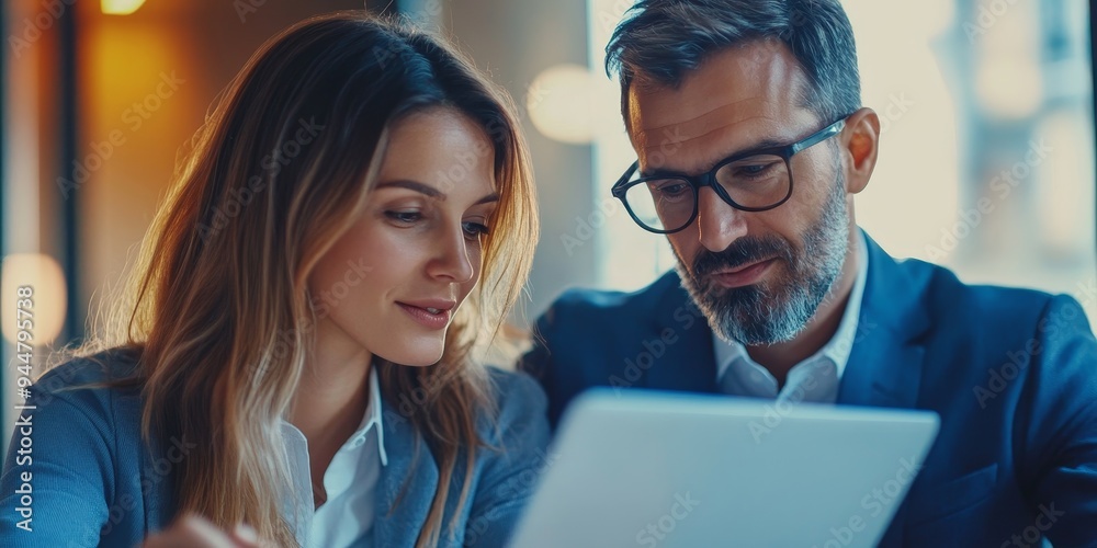 Poster two educators in a close-up shot reviewing data on a laptop in a bright school office their faces sh