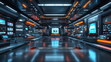 Futuristic Interior Design  Modern Technology Control Room with Screens and Lighting