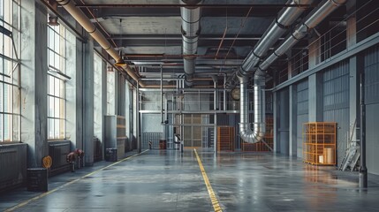 Gritty industrial warehouse featuring exposed metal pipes and large air ducts, minimalist design