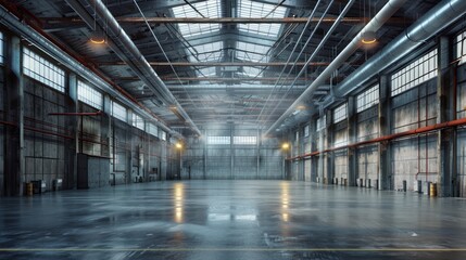 Obraz premium Gritty industrial warehouse featuring exposed metal pipes and large air ducts, minimalist design