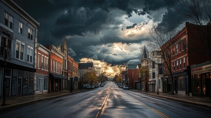 A town street with dramatic storm clouds gathering in the background, creating a moody scene.