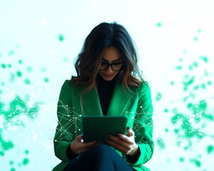 A woman in a green blazer using a tablet, surrounded by digital dots and connections, representing technology and innovation.