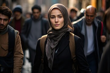 a Muslim woman was walking with a crowd of people on the street